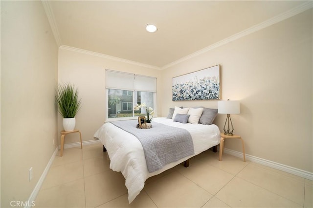 bedroom with crown molding and light tile patterned flooring