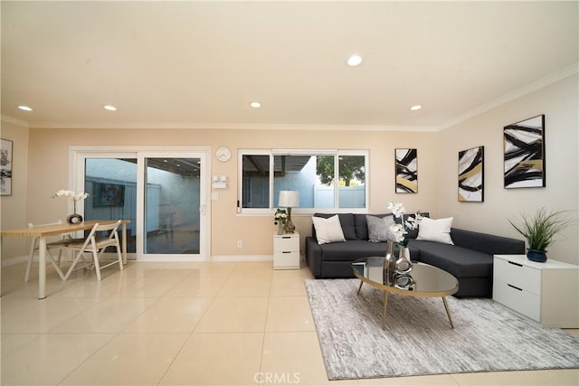 tiled living room with ornamental molding