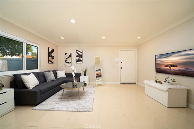 tiled living room featuring ornamental molding