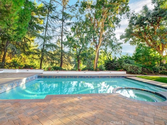 view of swimming pool featuring an in ground hot tub