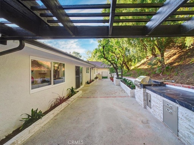 view of patio with exterior kitchen, a grill, and a pergola