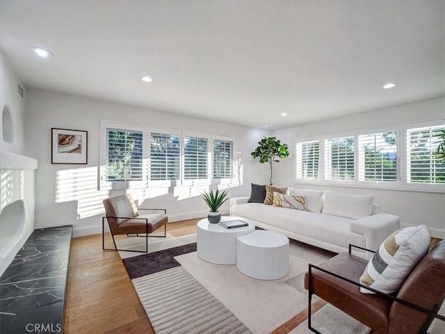 living room featuring hardwood / wood-style floors and a fireplace