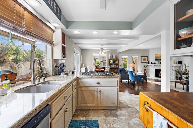 kitchen with sink, a brick fireplace, plenty of natural light, ceiling fan, and stainless steel appliances