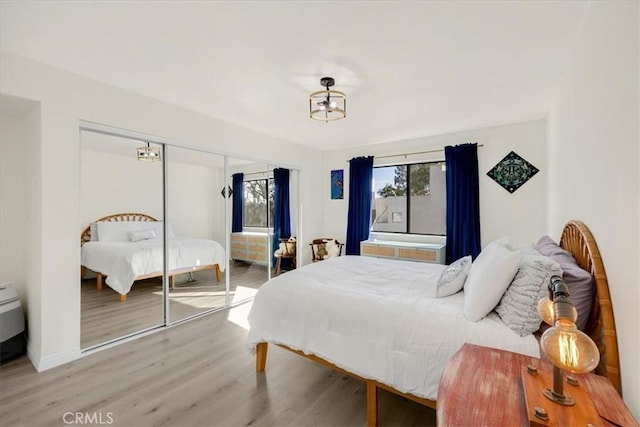 bedroom featuring wood-type flooring and a closet