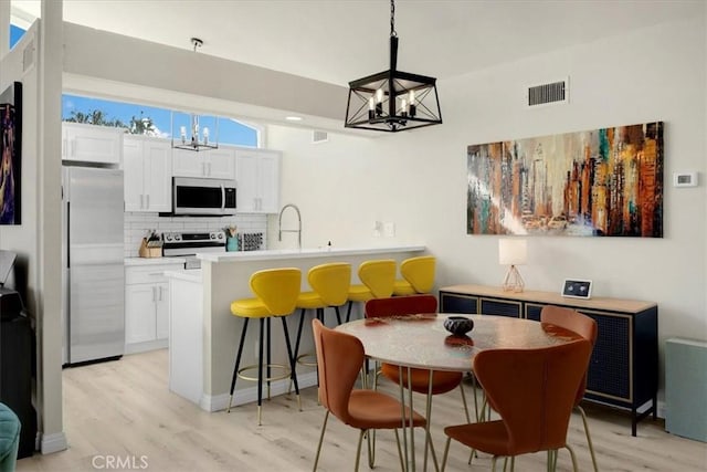 kitchen with stainless steel appliances, a notable chandelier, white cabinets, and decorative light fixtures