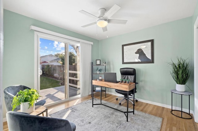 office featuring ceiling fan and wood-type flooring