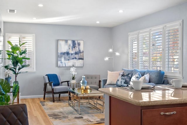 living room featuring light hardwood / wood-style flooring and a wealth of natural light