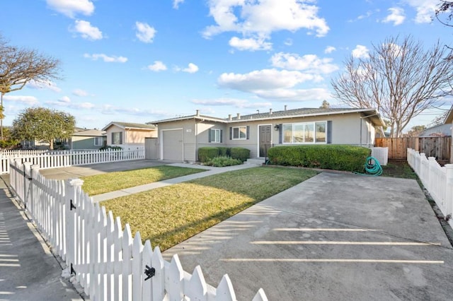 ranch-style home with a garage and a front lawn