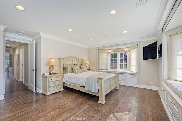 bedroom with crown molding and dark wood-type flooring