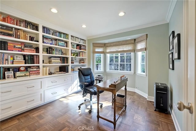 home office with crown molding and dark parquet floors