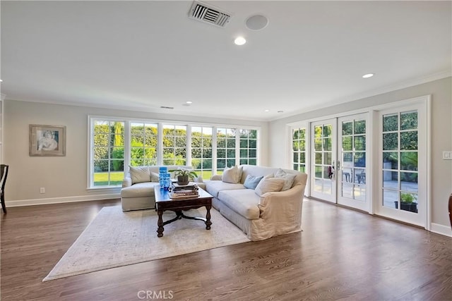 living room featuring dark hardwood / wood-style floors, crown molding, a wealth of natural light, and french doors