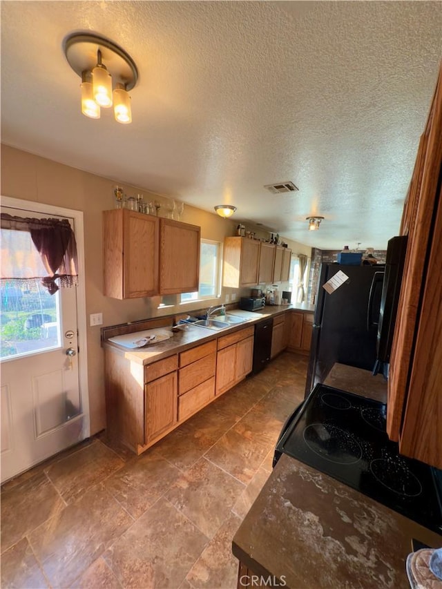 kitchen featuring a wealth of natural light, sink, a textured ceiling, and black appliances