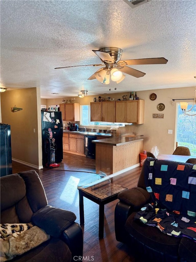 living room featuring sink, ceiling fan with notable chandelier, a textured ceiling, and dark hardwood / wood-style flooring