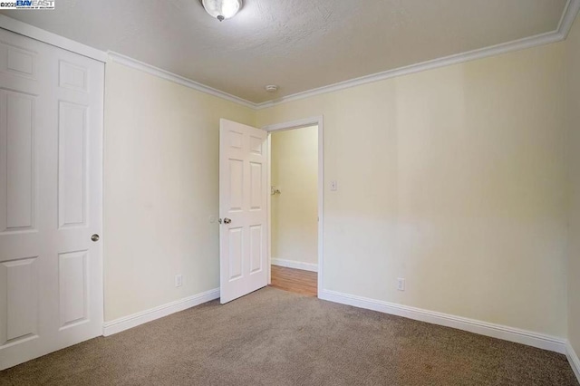 spare room featuring ornamental molding and carpet flooring