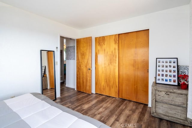 bedroom with dark hardwood / wood-style flooring and a closet