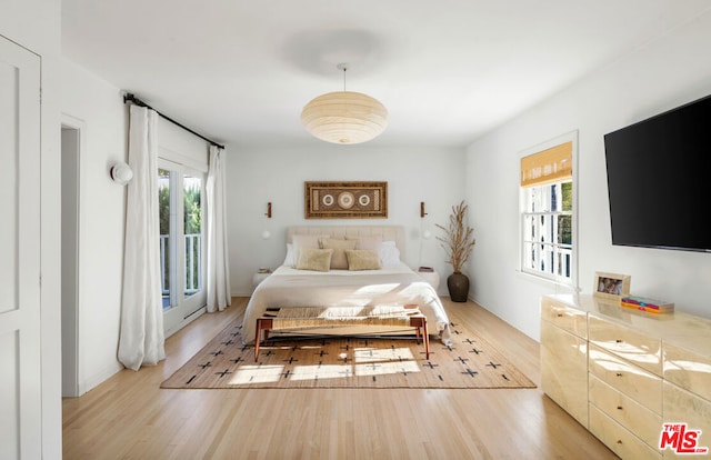 bedroom featuring multiple windows, access to exterior, and light wood-type flooring