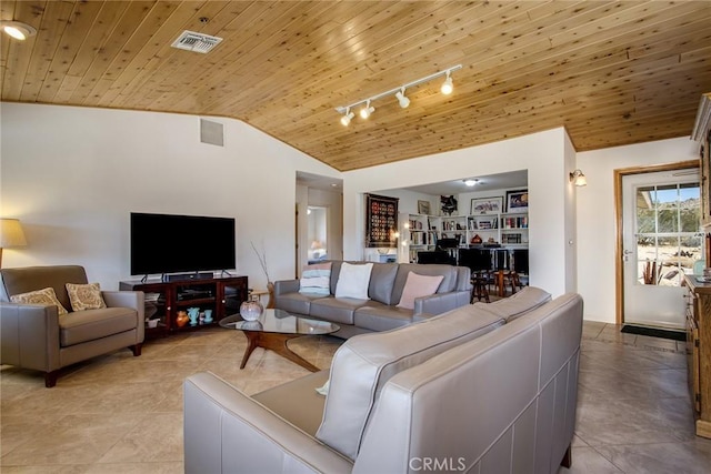 living room with lofted ceiling, wood ceiling, rail lighting, and light tile patterned flooring