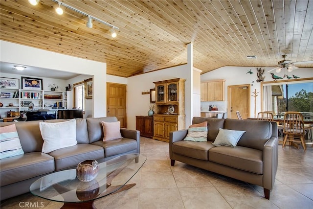 living room featuring vaulted ceiling, light tile patterned flooring, wooden ceiling, and ceiling fan