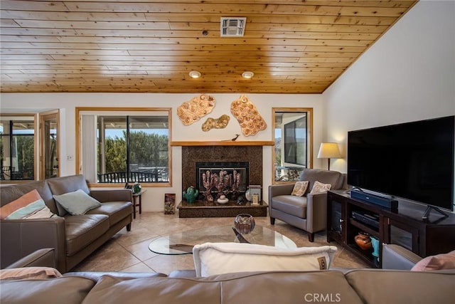 living room with a fireplace, wooden ceiling, vaulted ceiling, and light tile patterned flooring