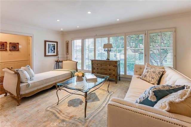 living room with crown molding