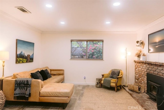 living room with ornamental molding and wood-type flooring