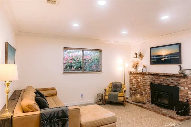 living room with ornamental molding