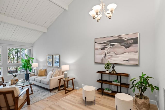 living room featuring high vaulted ceiling, a chandelier, beamed ceiling, and light wood-type flooring