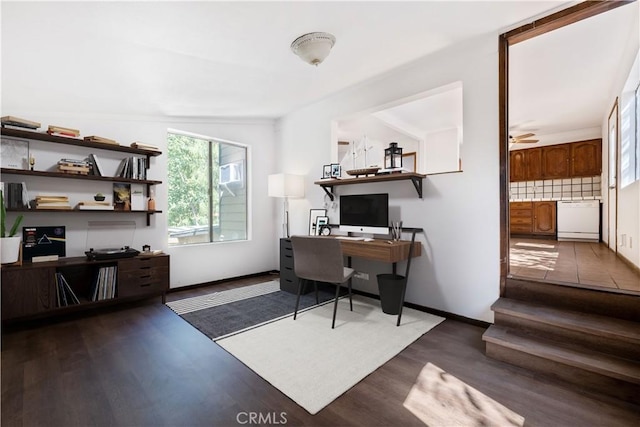 office space featuring dark wood-type flooring and ceiling fan