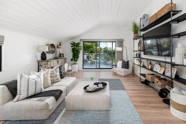 living room with lofted ceiling, wood-type flooring, and wooden ceiling