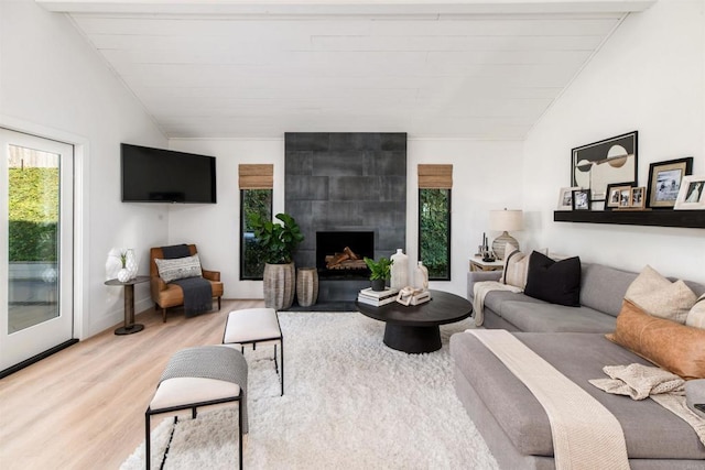 living room with lofted ceiling, a tiled fireplace, and wood-type flooring