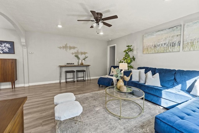 living room with ceiling fan and wood-type flooring