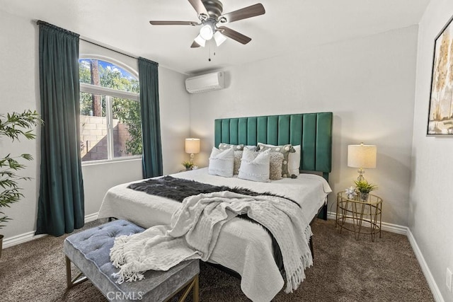 bedroom featuring ceiling fan, a wall unit AC, and dark colored carpet