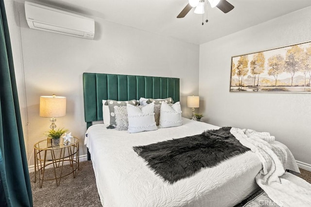 carpeted bedroom featuring ceiling fan and a wall mounted AC