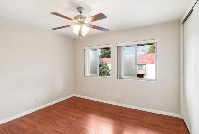 unfurnished room featuring wood-type flooring and ceiling fan