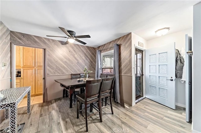 dining area with light hardwood / wood-style floors, ceiling fan, and wood walls