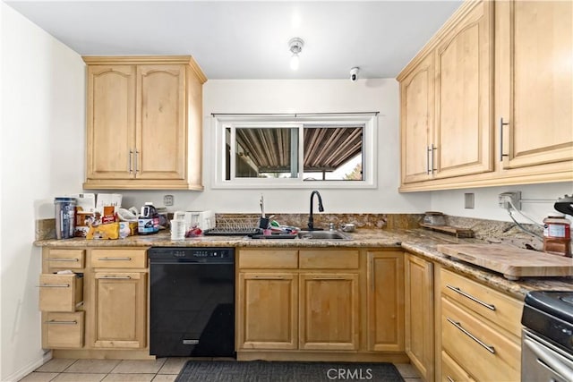 kitchen featuring light tile patterned flooring, light brown cabinetry, dishwasher, sink, and light stone countertops