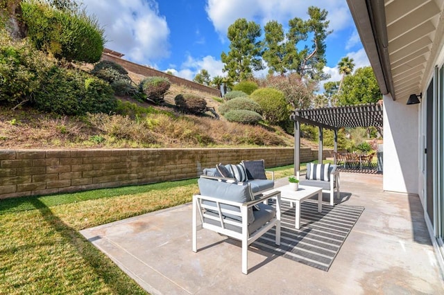 view of patio featuring an outdoor hangout area and a pergola