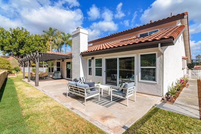 rear view of property featuring an outdoor living space, a pergola, a patio, and a yard