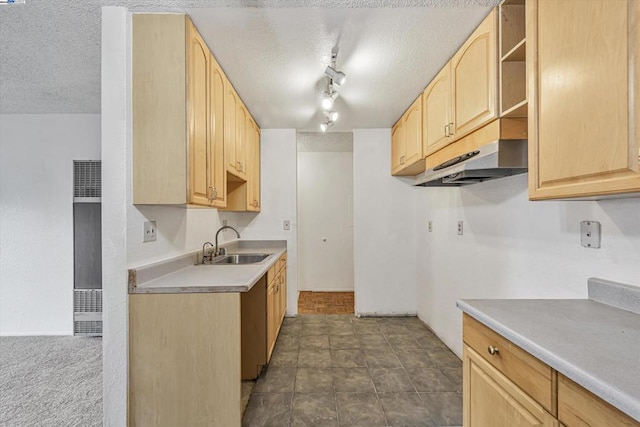 kitchen featuring sink, track lighting, a textured ceiling, and light brown cabinetry