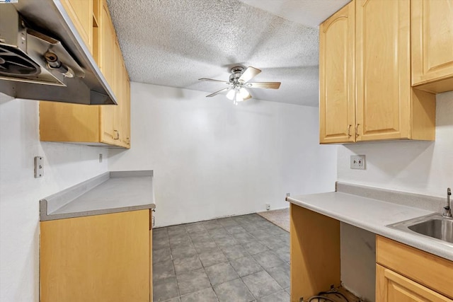 kitchen with ceiling fan, sink, a textured ceiling, and light brown cabinetry