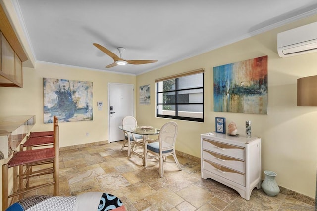 dining area with crown molding, ceiling fan, and a wall unit AC