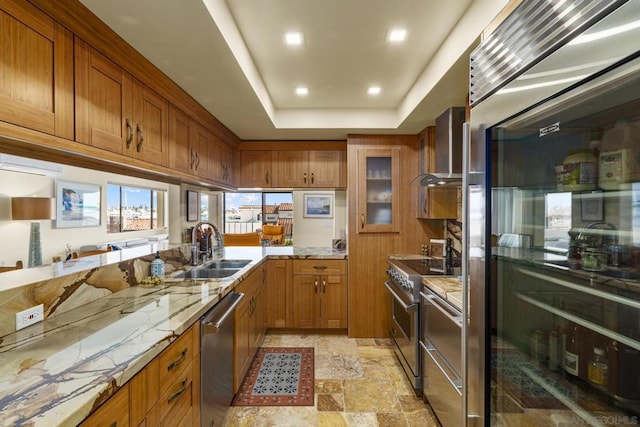 kitchen featuring sink, stainless steel appliances, and a raised ceiling