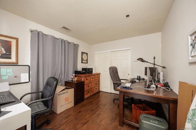 home office featuring dark hardwood / wood-style flooring