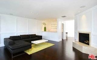 living room featuring hardwood / wood-style flooring and a premium fireplace