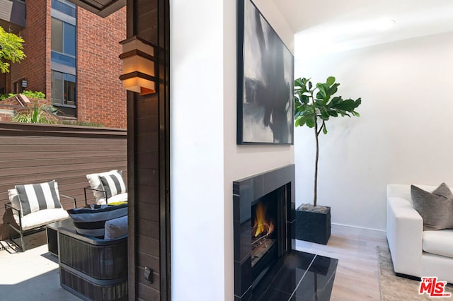 interior space with a fireplace and wood-type flooring