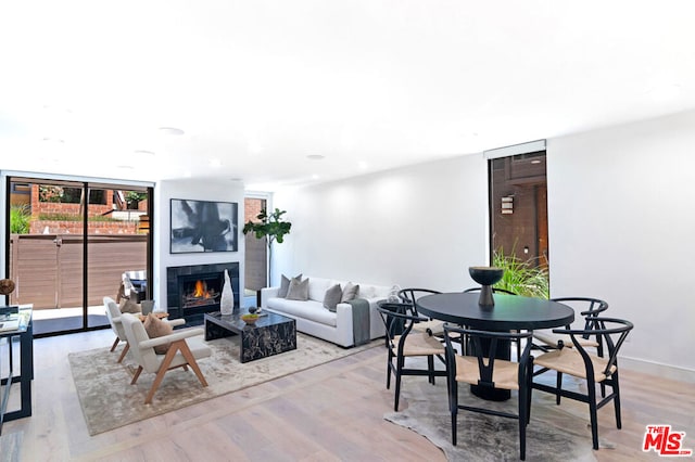 living room with expansive windows, a tiled fireplace, and light hardwood / wood-style floors