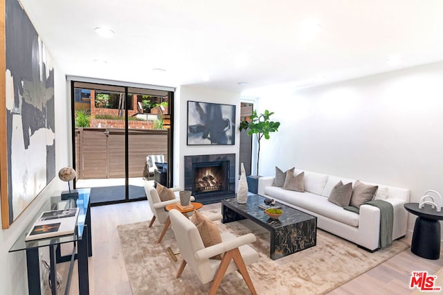 living room featuring a wall of windows and light wood-type flooring