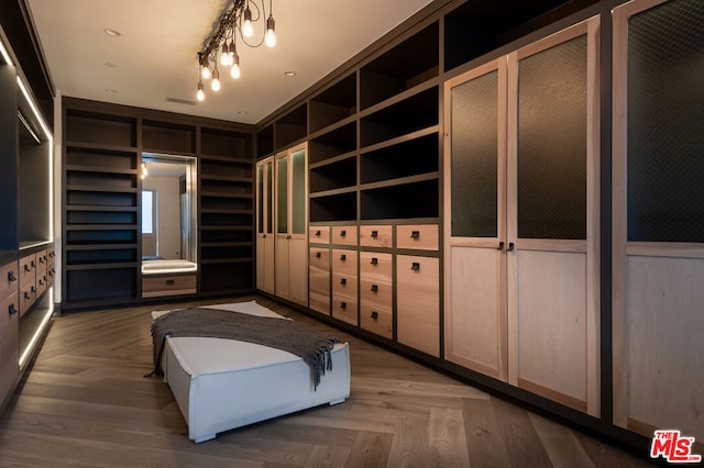 walk in closet featuring dark parquet floors