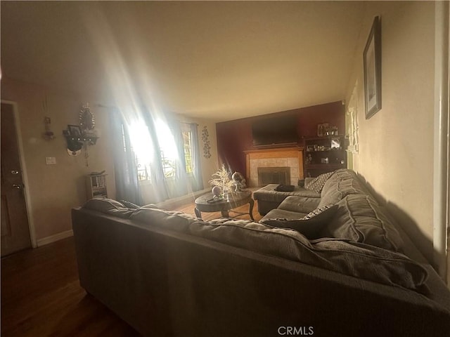 living room with a fireplace and dark wood-type flooring