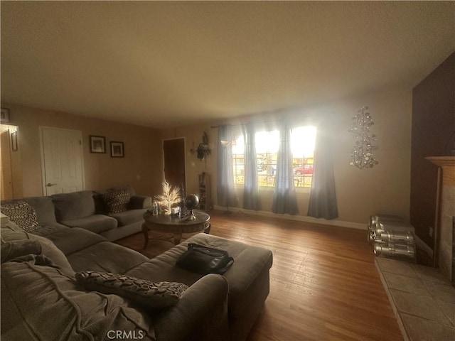 living room with a tiled fireplace and hardwood / wood-style flooring